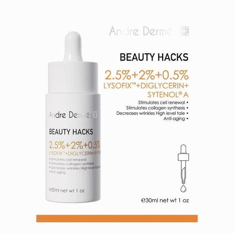 Andre Dermes - Beauty Hacks 2.5% Lysofix + 2% Diglycerin + 0.5% Sytenola Serum (Long - Lasting Moisturizing, Anit - Wrinkle Aging, Firming, Brightening, Whitening, Anti - Inflammatory, Sensitive, Antioxidant, Reduce Fine Lines, Repairing) (e30ml) AD020 - Beauty Online™ 肌齡喜源™