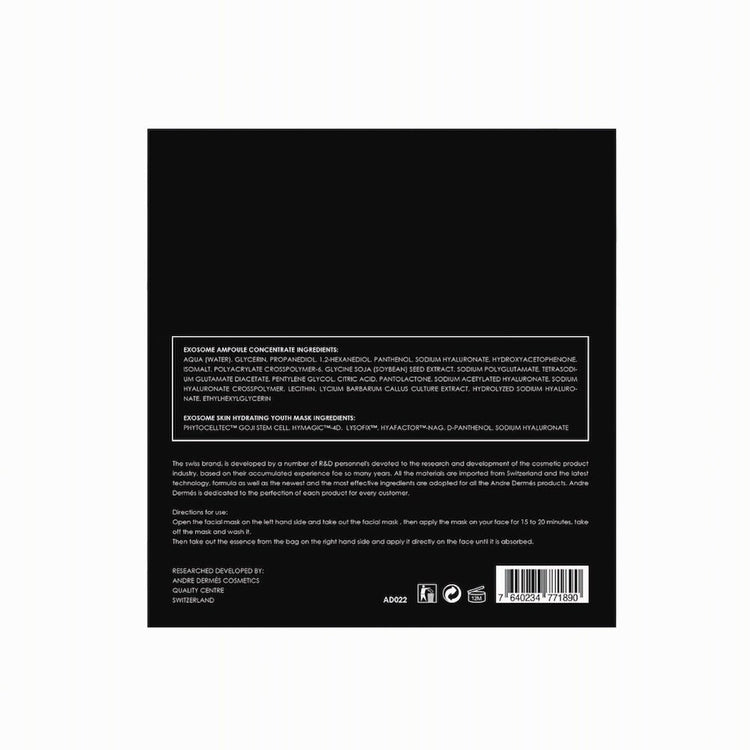 Andre Dermes - Exosome Skin Hydrating Youth Mask (Moisturising, Antioxidant, Sensitive Skin, Anti - Aging, Skin Elasticity, Soothing, Repair) (Mask: 25ml/pc x 5pcs; Ampoule: 2ml/Bottle x 5 bottles) AD022 - Beauty Online™ 肌齡喜源™