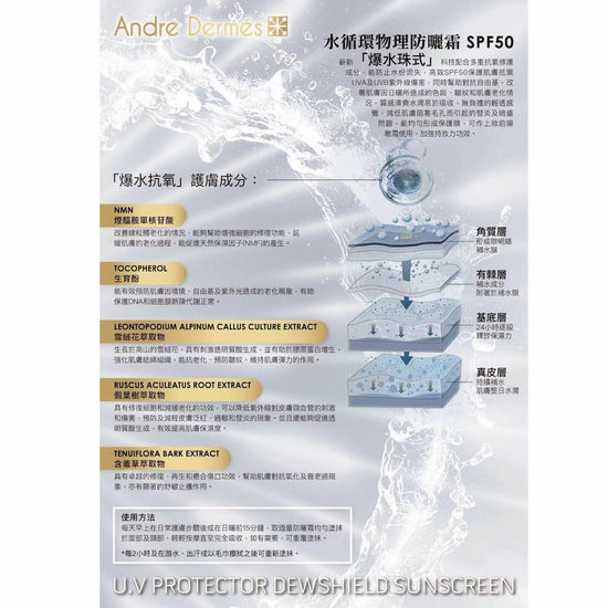 Andre Dermes - UV PROTECTOR DEWSHIELD SUNSCREEN SPF 50 PA+++ (Antioxidant Repair, Hydrating, UVA, UVB, Anti - Wrinkle, Isolation Cream) (e30ml) AD007 - Beauty Online™ 肌齡喜源™