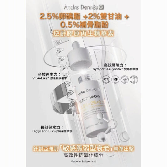 Andre Dermes - Beauty Hacks 2.5% Lysofix + 2% Diglycerin + 0.5% Sytenola Serum (Long - Lasting Moisturizing, Anit - Wrinkle Aging, Firming, Brightening, Whitening, Anti - Inflammatory, Sensitive, Antioxidant, Reduce Fine Lines, Repairing) (e30ml) AD020 - Beauty Online™ 肌齡喜源™