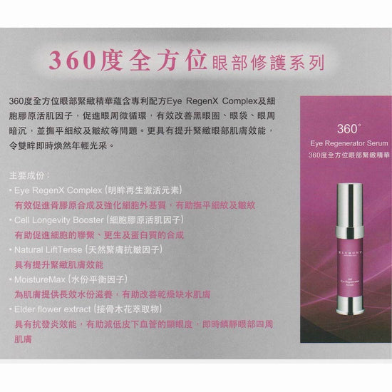 360˚ Eye Regenerator Serum E901-ELEMONT 艾莉美-e20ml-Beauty Online HK-BeautyOnlineHK-Hong Kong Beauty-Beauty Online-肌齡喜源-美容產品-Skincare Hong Kong-Swiss Skincare-網購美妝-美妝保健專家-創新健康科技-瑞士產品-澳洲產品-Online Beauty Shopping-Beauty and Health Care Expert-Innovative Health Technology-Swiss Products-Australian Products-Skincare Brand-Healthcare Brand